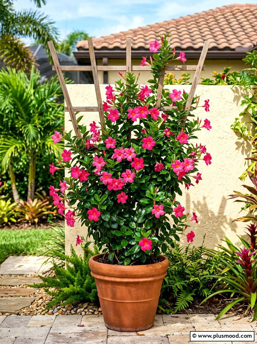 Mandevilla trellis pot - 25 summer planter ideas for full sun