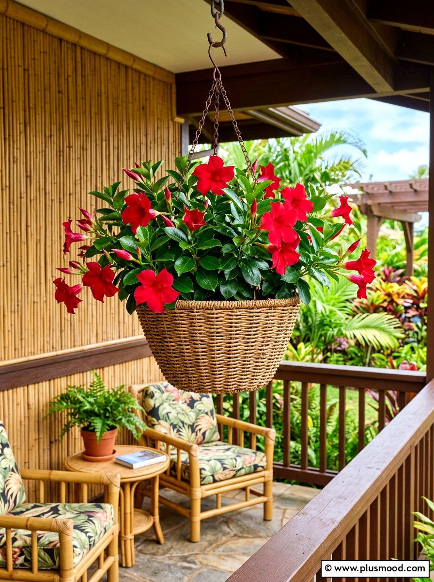 Mandevilla vine hanging basket - 25 summer front porch decor ideas with hanging baskets