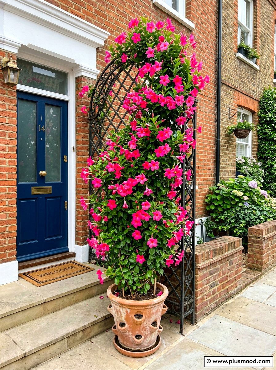 Mandevilla vine trellis pot - 25 summer front porch planter ideas