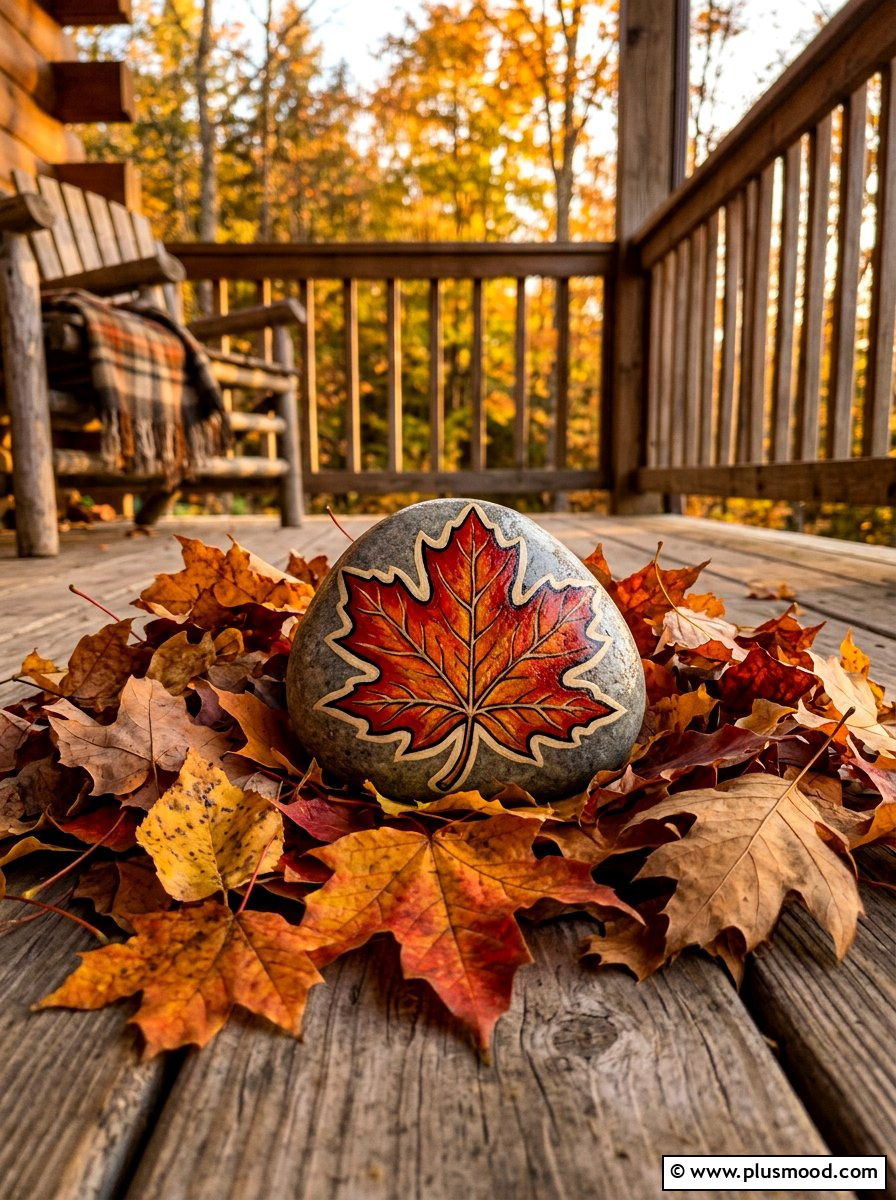 Maple Leaf Painted Rock - 25 painted rock ideas with nature prints