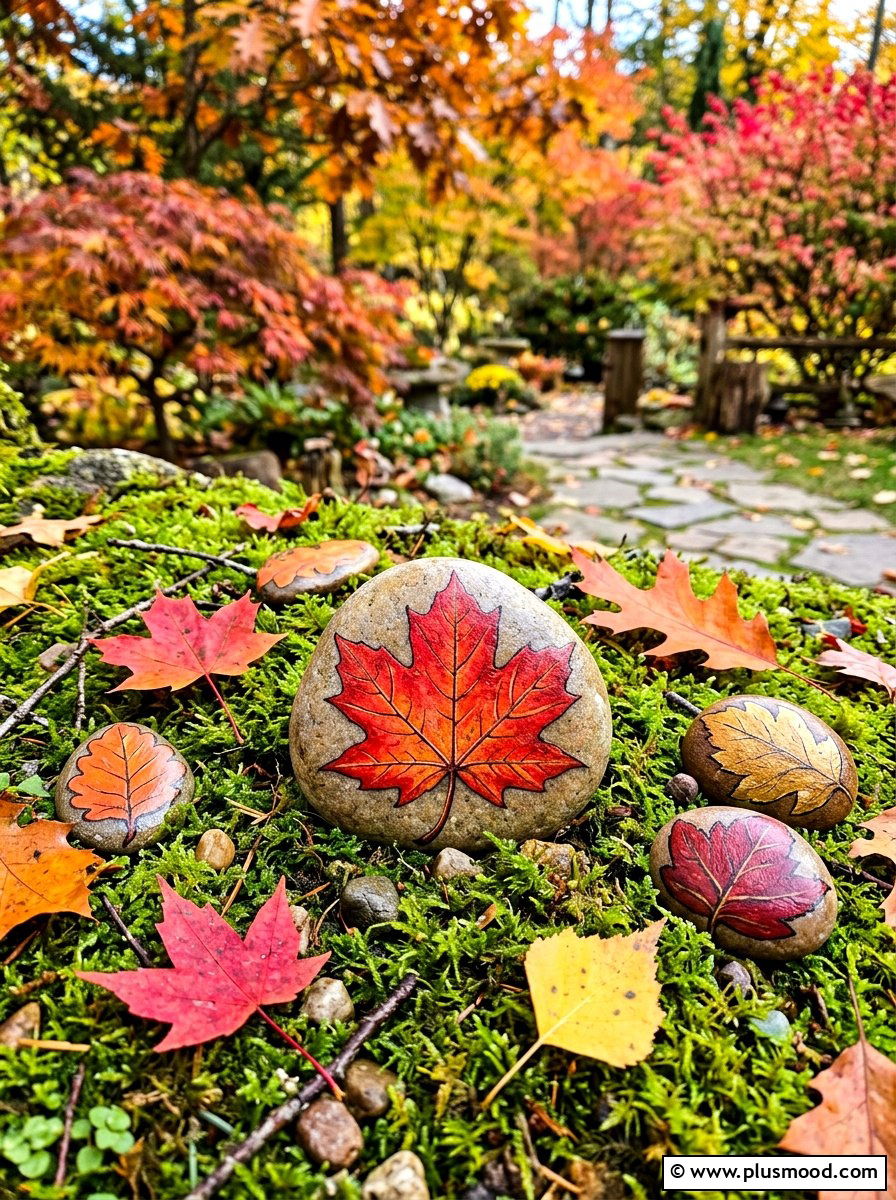 Maple leaf fall stone - 25 painted rock ideas for Japanese garden