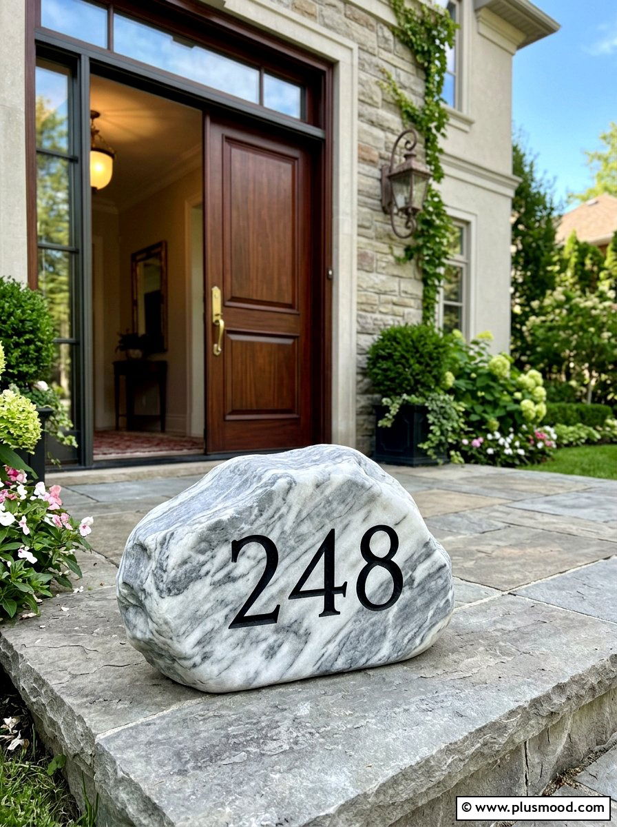 Marble effect house number rock - 25 painted rock ideas for address markers