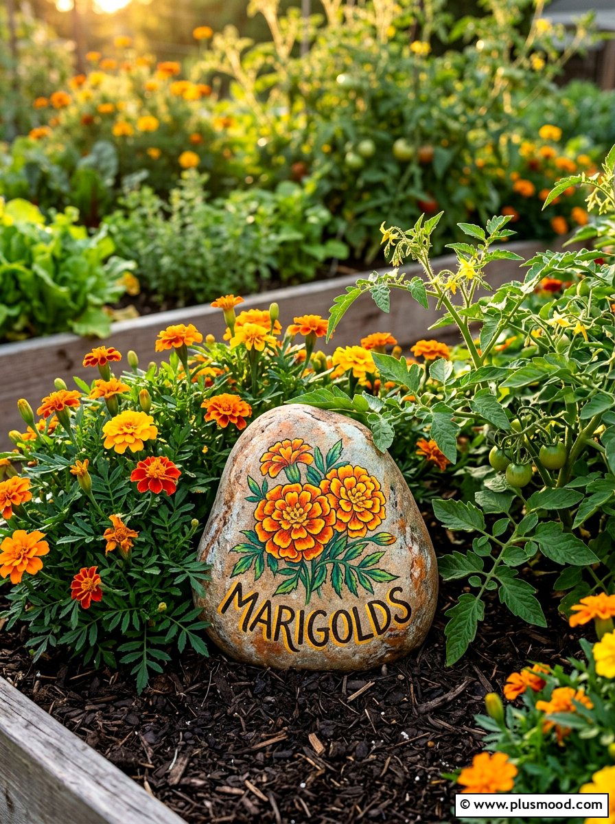 Marigold Garden Stone - 25 painted rock ideas for plant markers