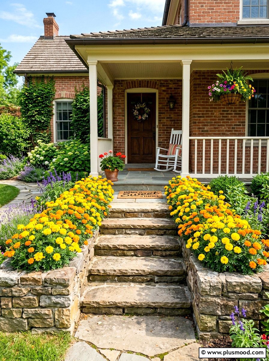 Marigold Porch Border - 25 summer front porch flower ideas