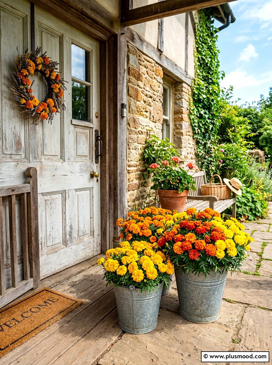 Marigold Sun Loving Doorway Display - 25 summer container ideas for front door