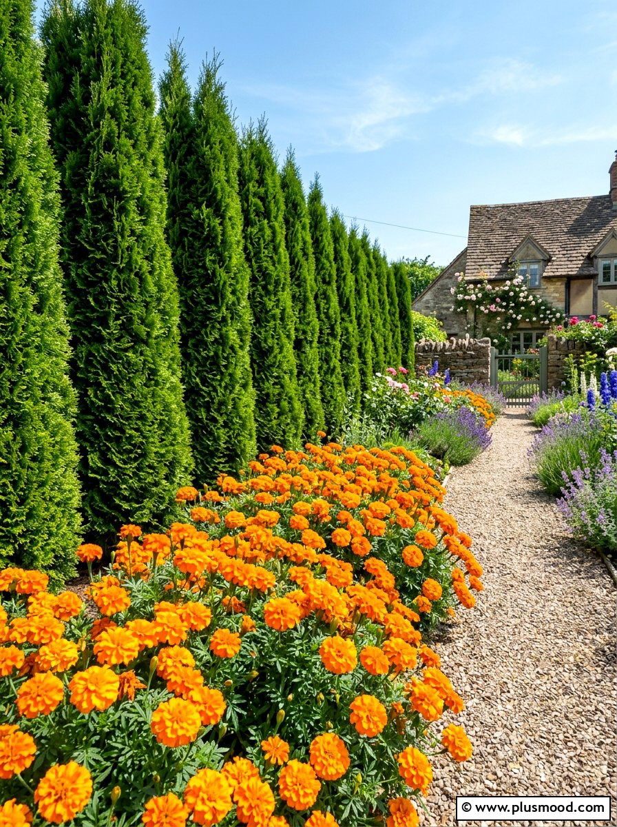 Marigold and arborvitae edge - 25 summer evergreen and flower mix ideas