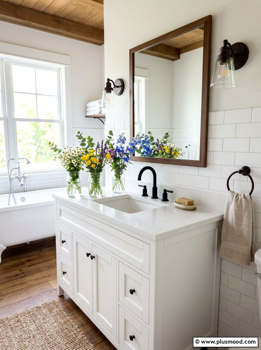 Mason jar bathroom flowers - 25 late summer farmhouse decor ideas