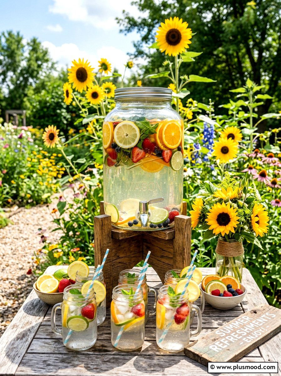 Mason jar beverage dispenser - 25 summer farmhouse outdoor entertaining ideas