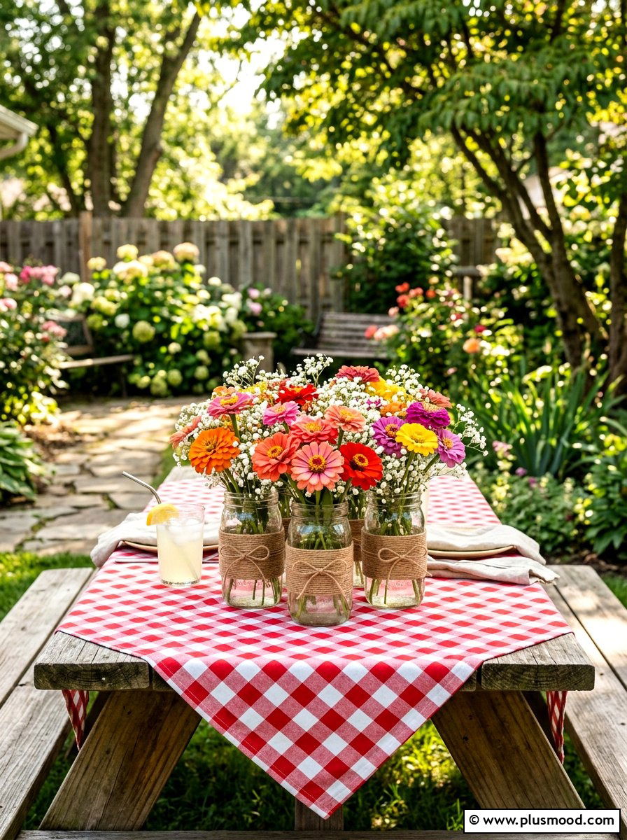 Mason jar floral cluster - 25 summer outdoor centerpiece ideas