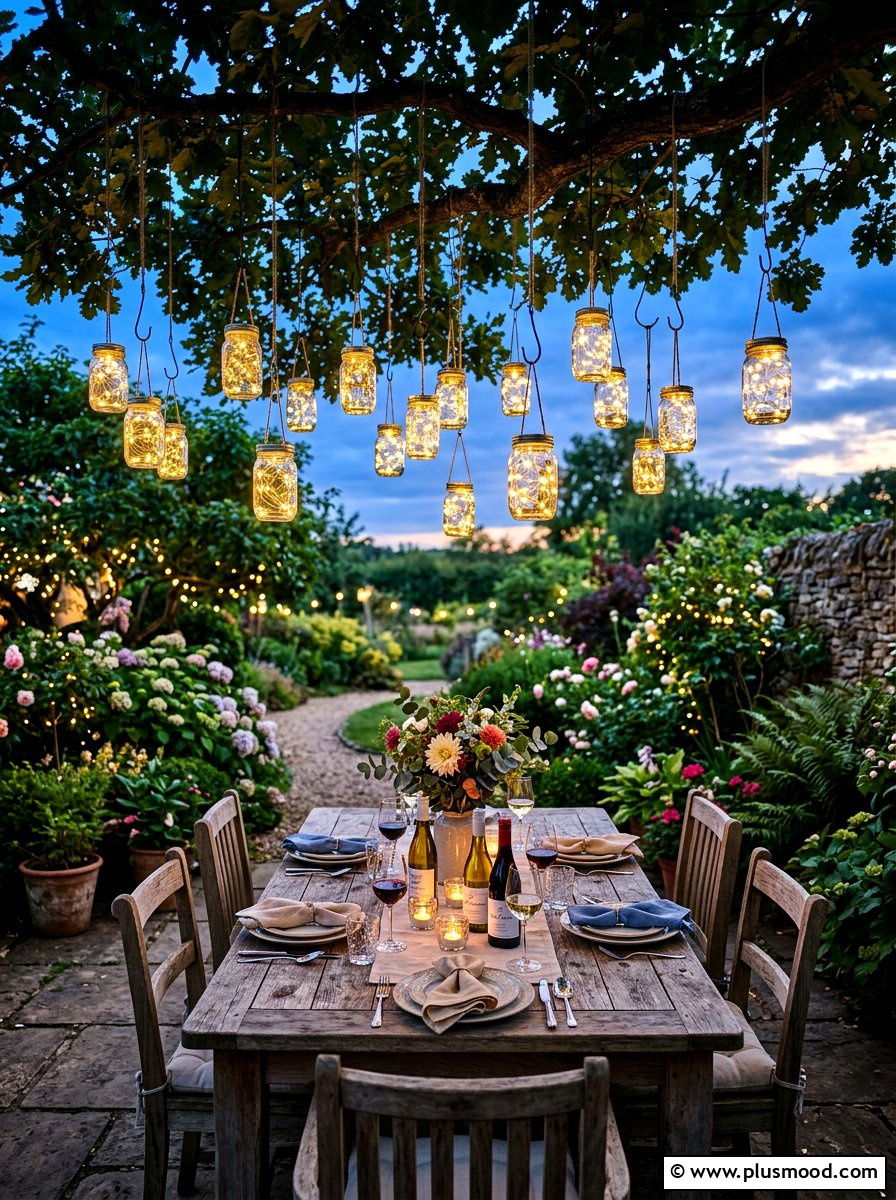 Mason jar lighting installation - 25 summer rustic backyard ideas