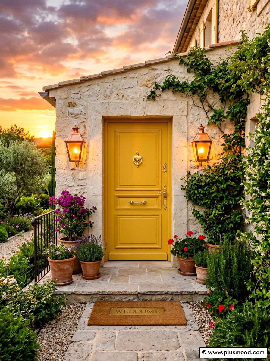 Matte yellow front door gold hardware - 25 summer yellow front door ideas