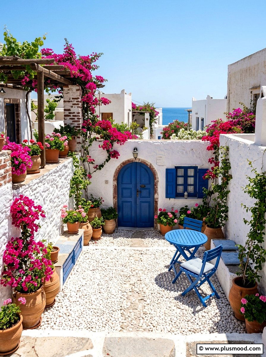 Mediterranean Blue And White Courtyard - 25 small backyard ideas with color scheme