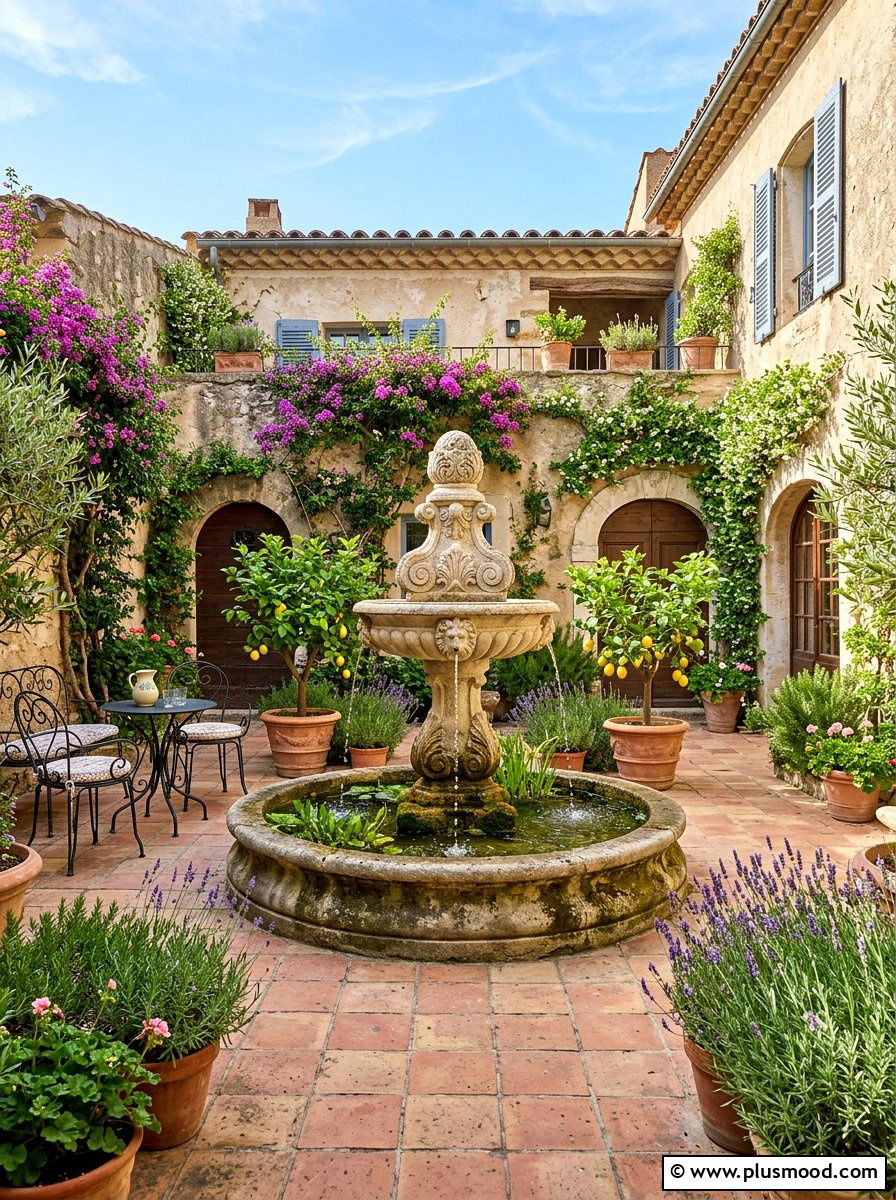 Mediterranean Courtyard With Center Fountain - 25 small backyard ideas with fountain
