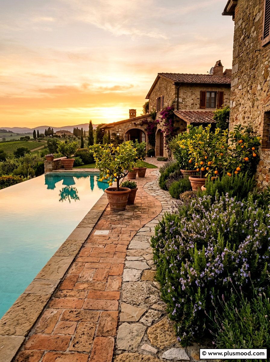 Mediterranean Garden Path Beside Pool - 25 pool landscaping ideas with stone pathway