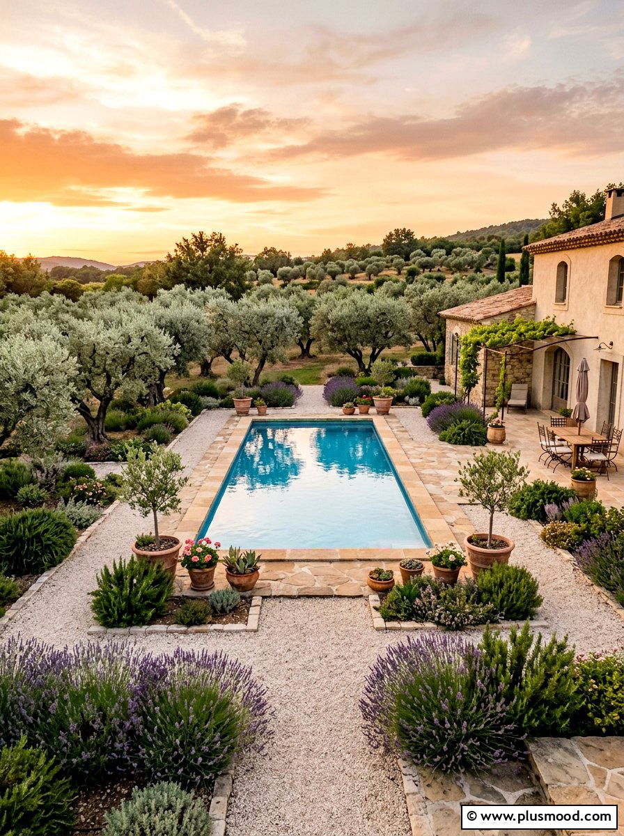 Mediterranean Olive Tree Garden - 25 pool landscaping ideas for rectangular pools