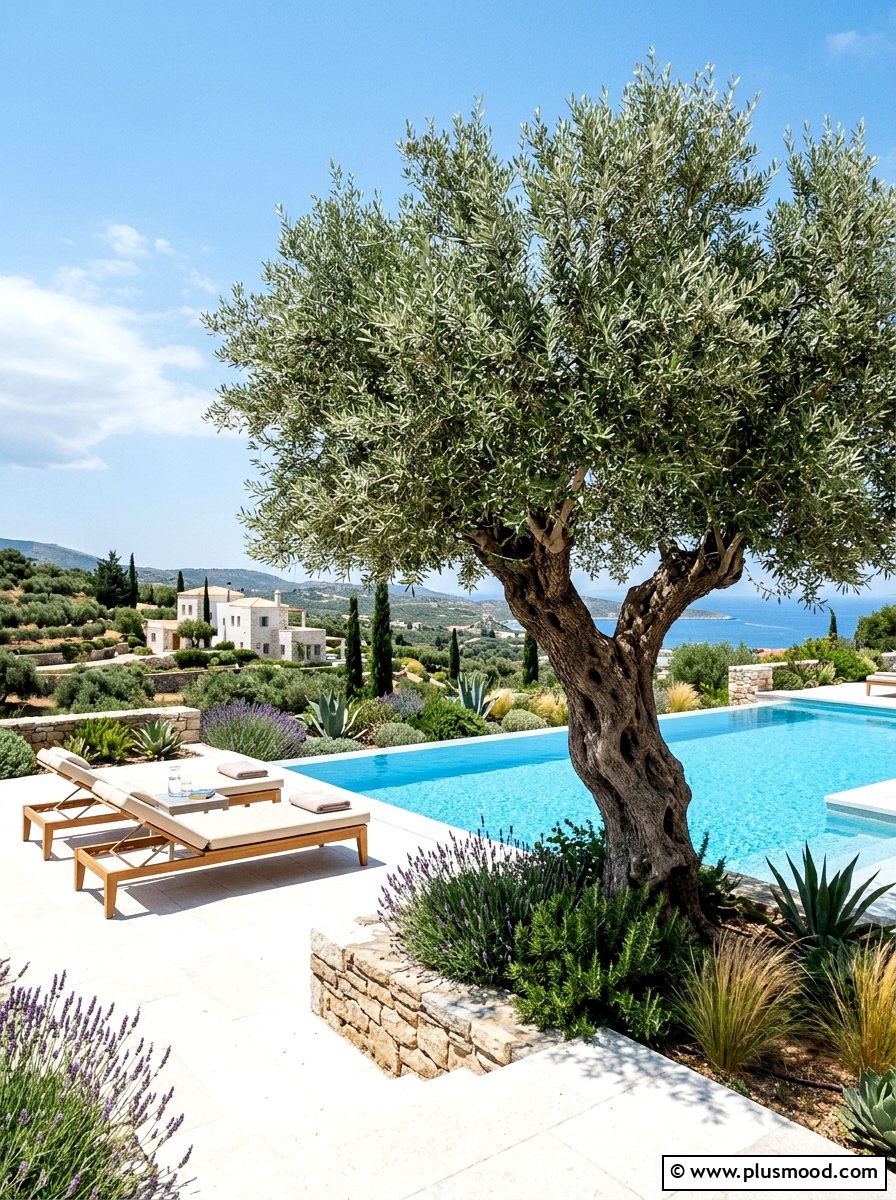 Mediterranean Olive Tree Poolside - 25 pool landscaping ideas with shade trees