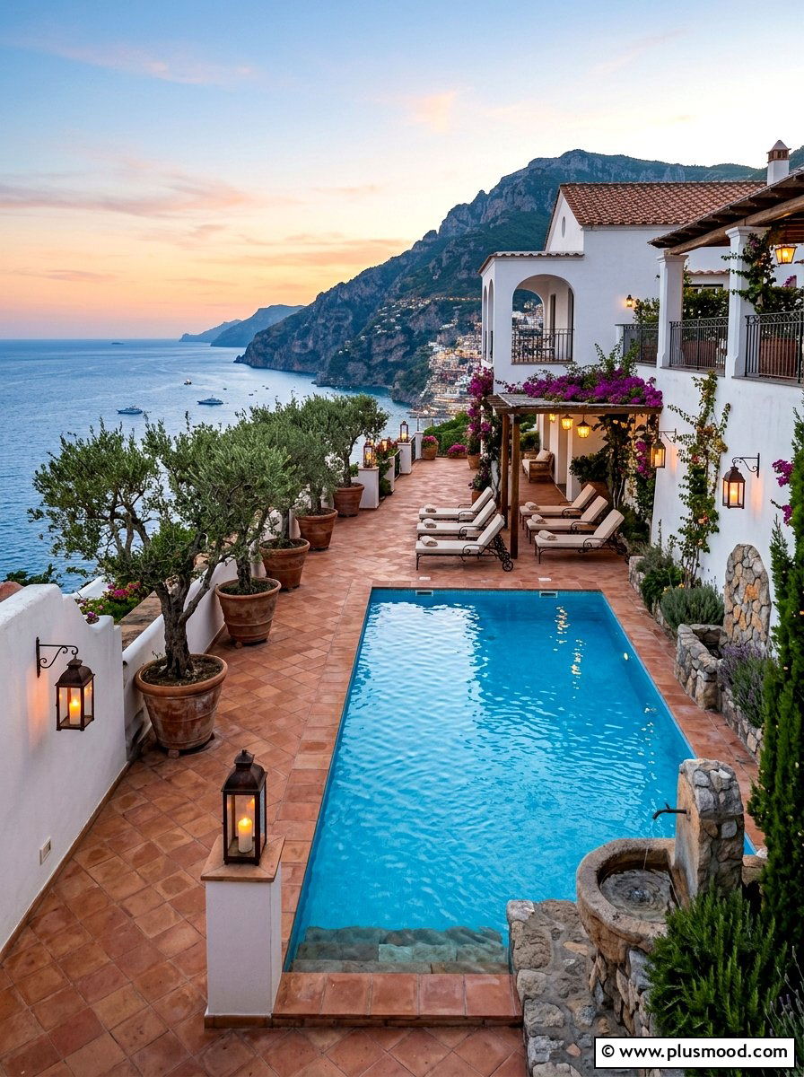Mediterranean Pool Area - 25 pool landscaping ideas with lighting