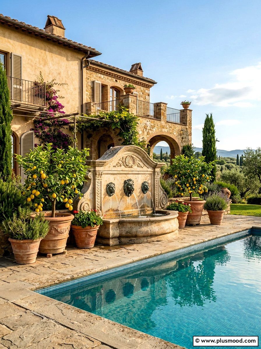 Mediterranean Pool Fountain - 25 pool landscaping ideas with waterfalls