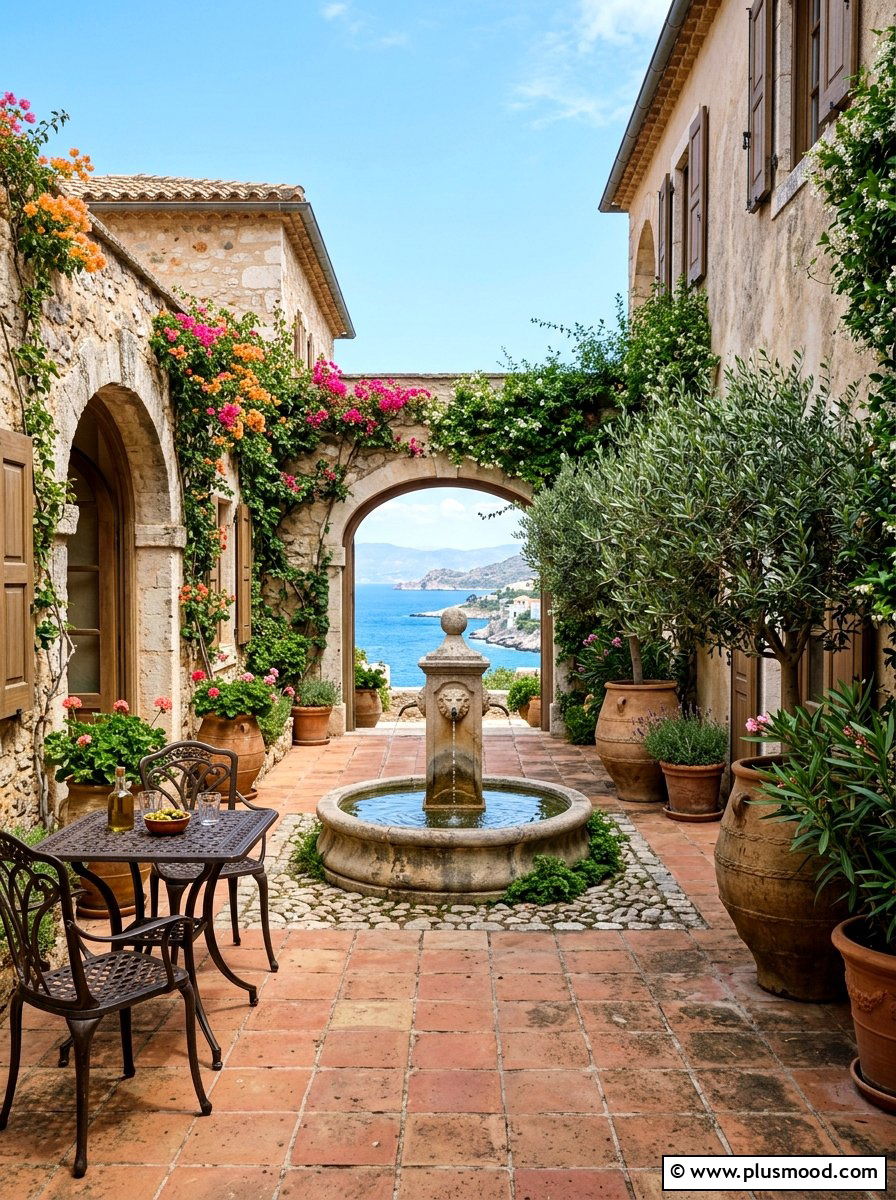 Mediterranean Stone Courtyard - 25 small backyard ideas for no grass yards