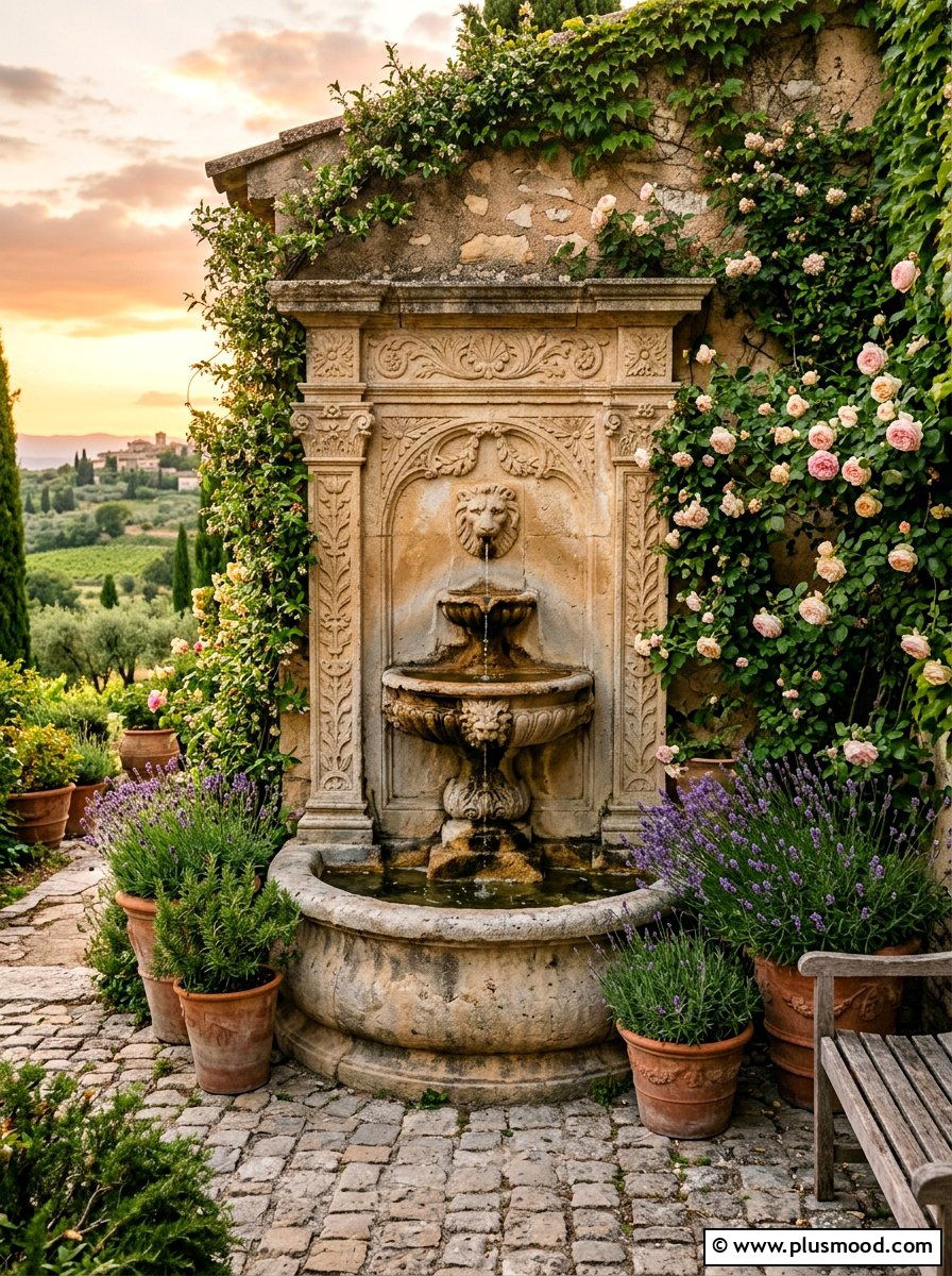 Mediterranean Stone Wall Fountain - 25 small backyard ideas with wall fountain