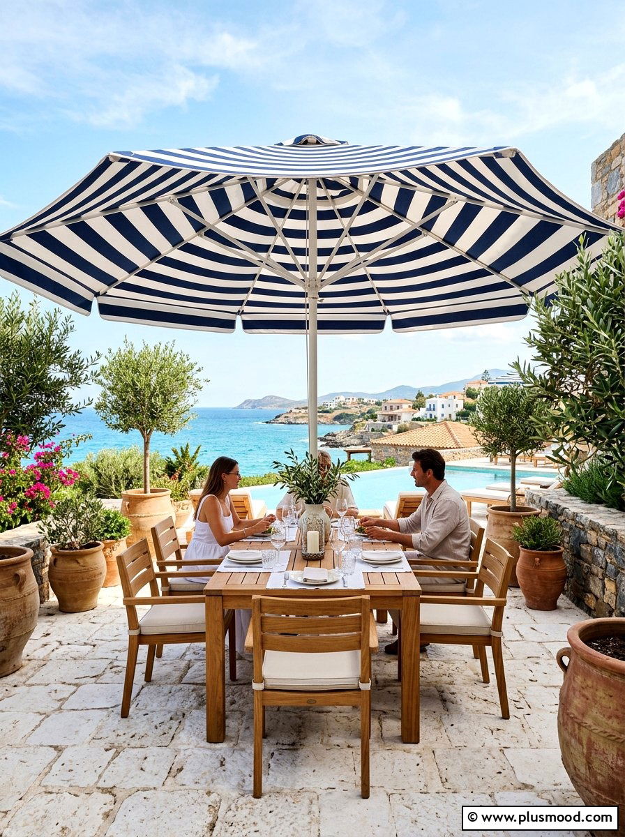 Mediterranean Striped Umbrella - 25 summer patio dining decor ideas