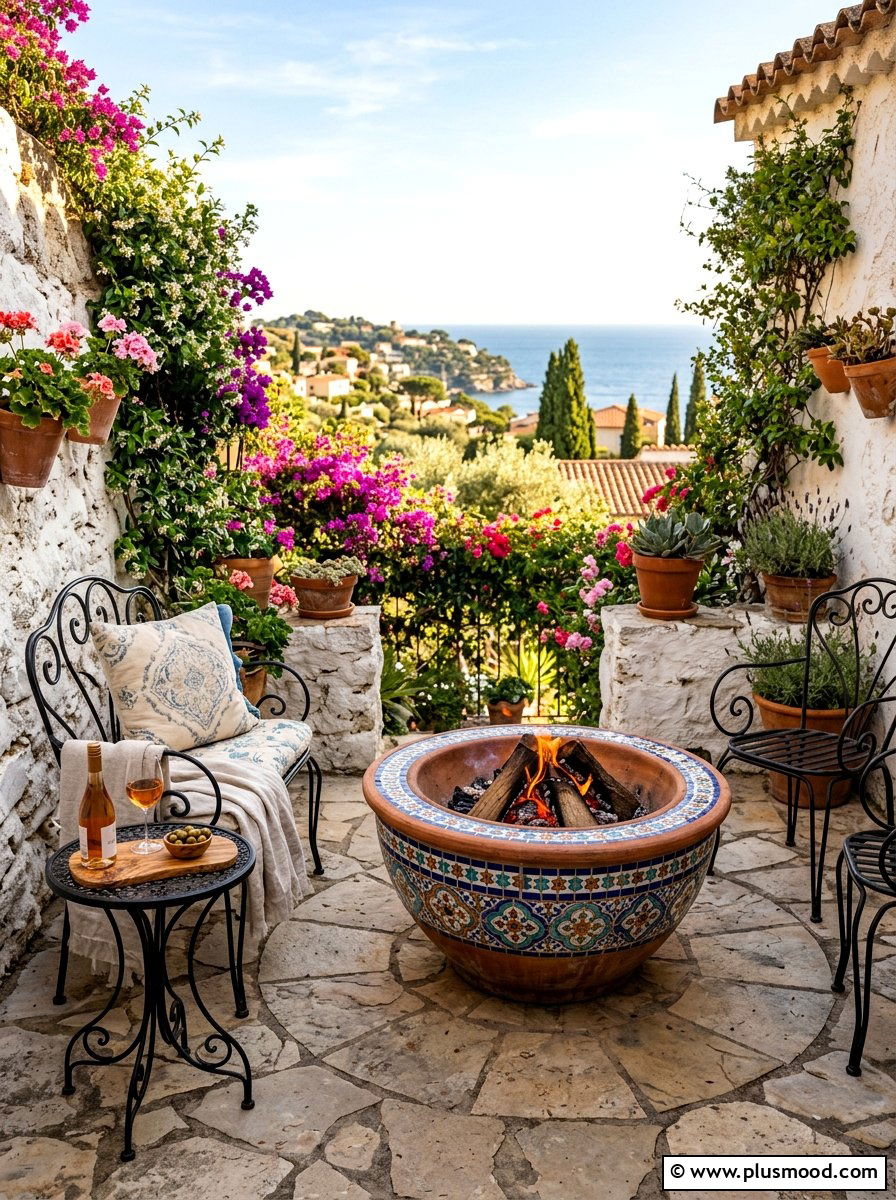 Mediterranean Style Fire Bowl - 25 small backyard ideas with fire bowl