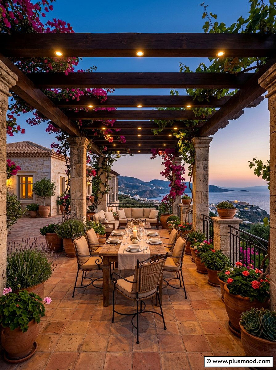 Mediterranean Terrace Recessed Lights - 25 small backyard ideas with pergola lights