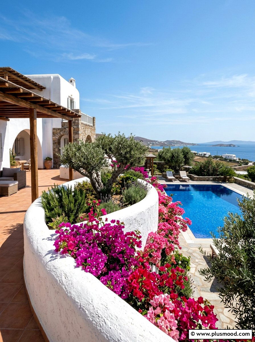 Mediterranean White Stucco Planter - 25 pool landscaping ideas with raised planters