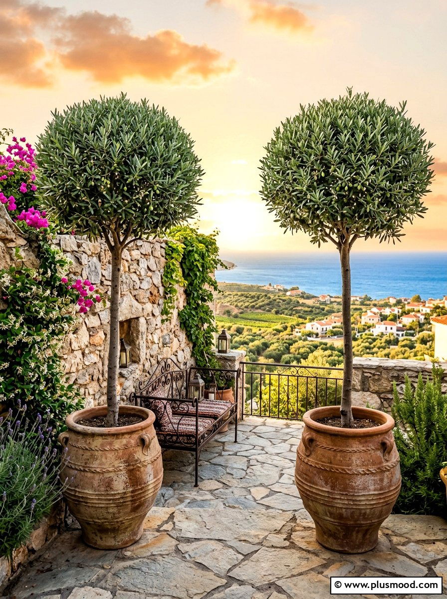 Mediterranean olive tree topiaries - 25 summer front porch decor ideas with topiaries