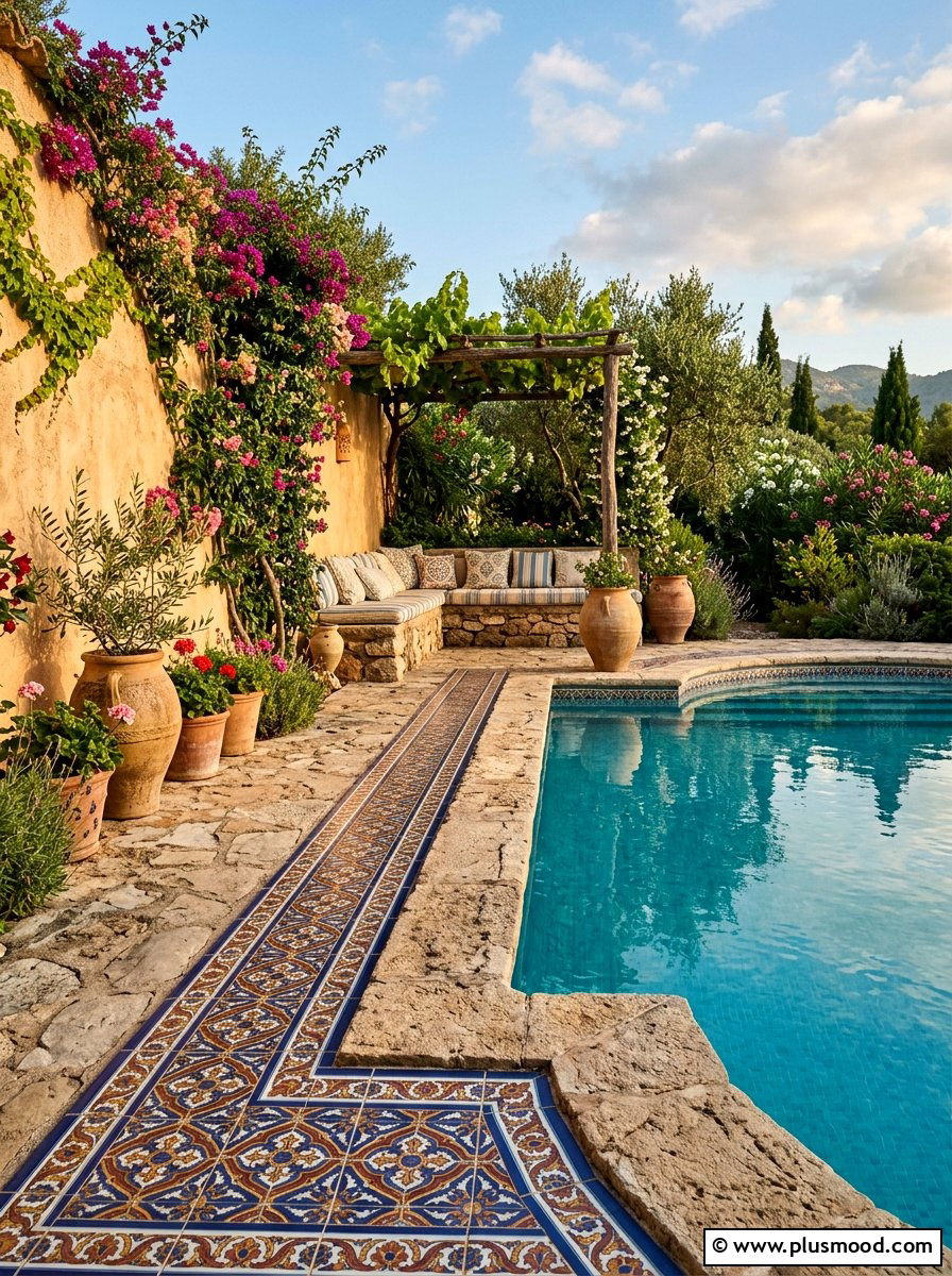 Mediterranean pool border tile - 25 pool landscaping ideas with tile accents