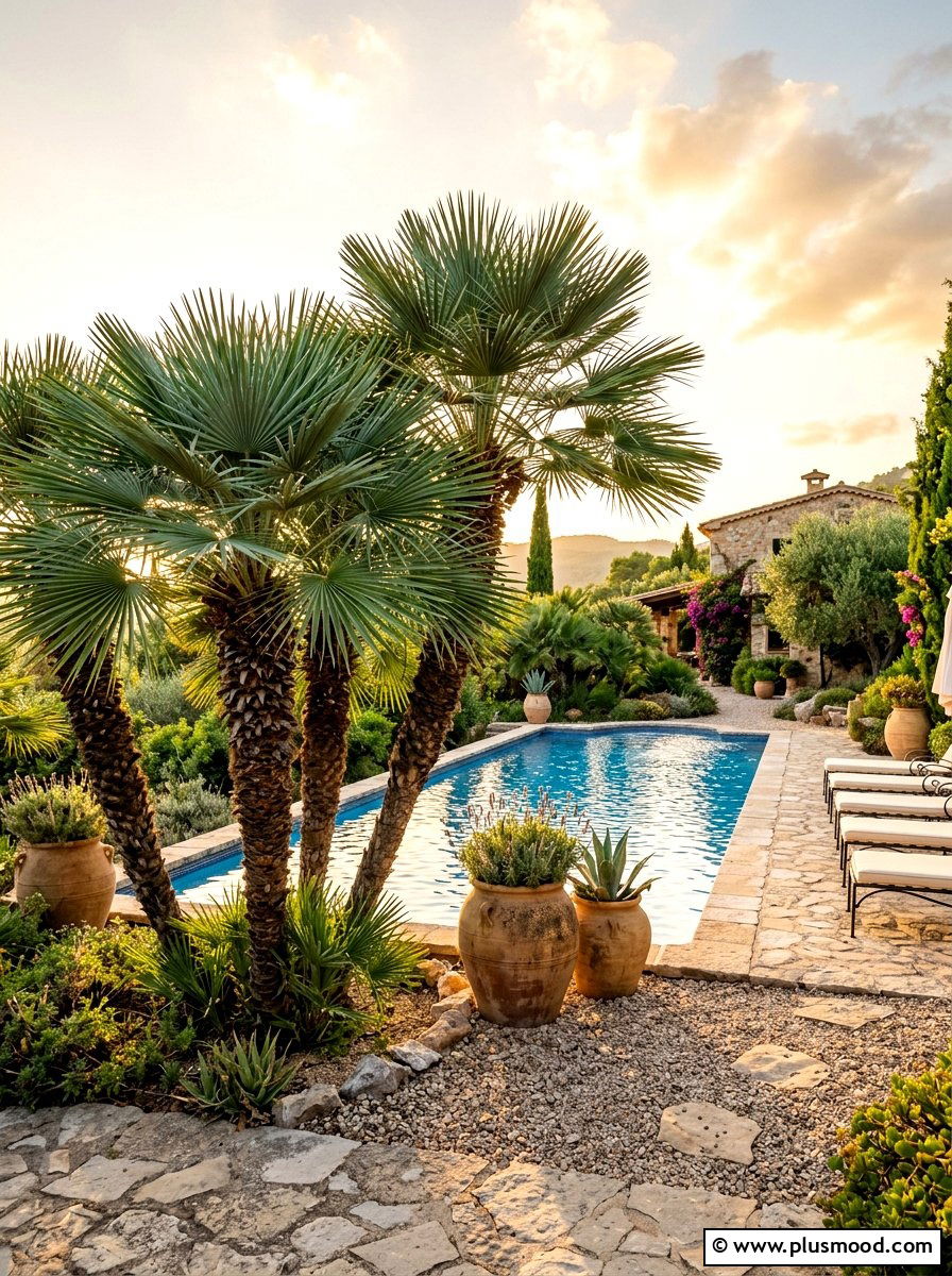 Mediterranean pool garden with fan palms - 25 summer pool landscaping ideas with palms