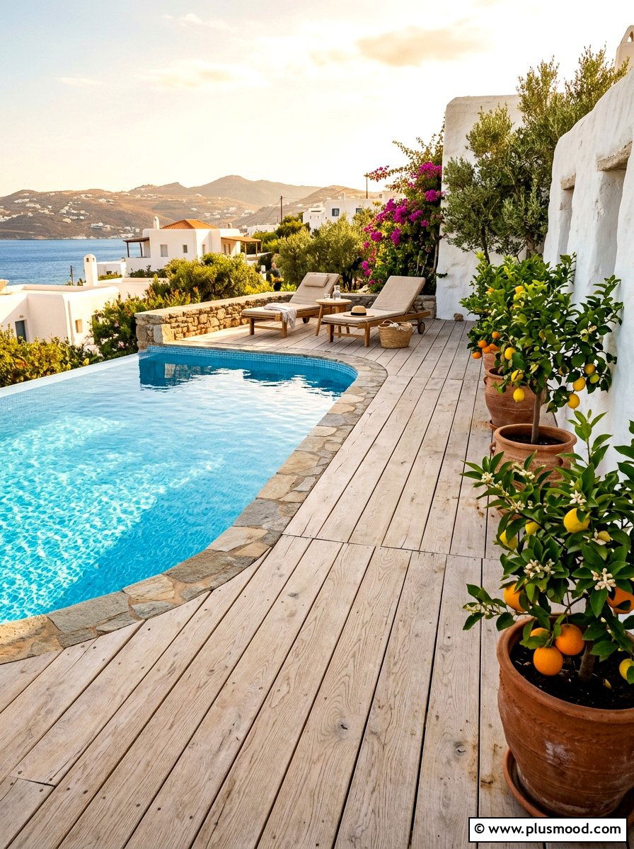 Mediterranean pool with light oak wood deck - 25 pool landscaping ideas with wooden deck