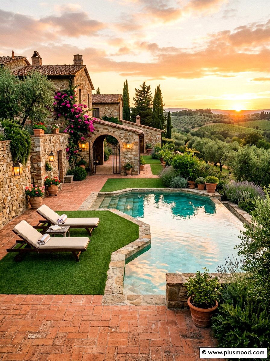 Mediterranean pool with turf and stone - 25 pool landscaping ideas with artificial turf