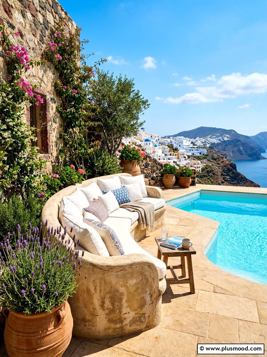 Mediterranean stone seating area - 25 summer cozy poolside nook ideas