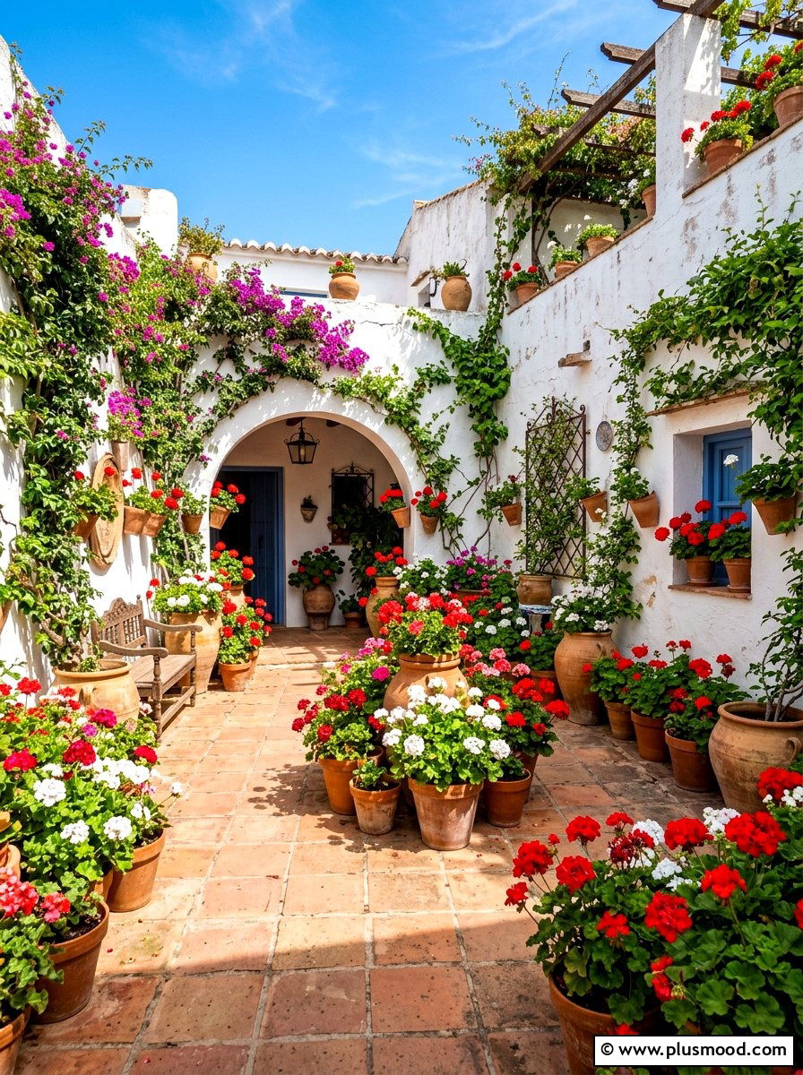 Mediterranean style geranium courtyard - 25 summer planters with geraniums ideas