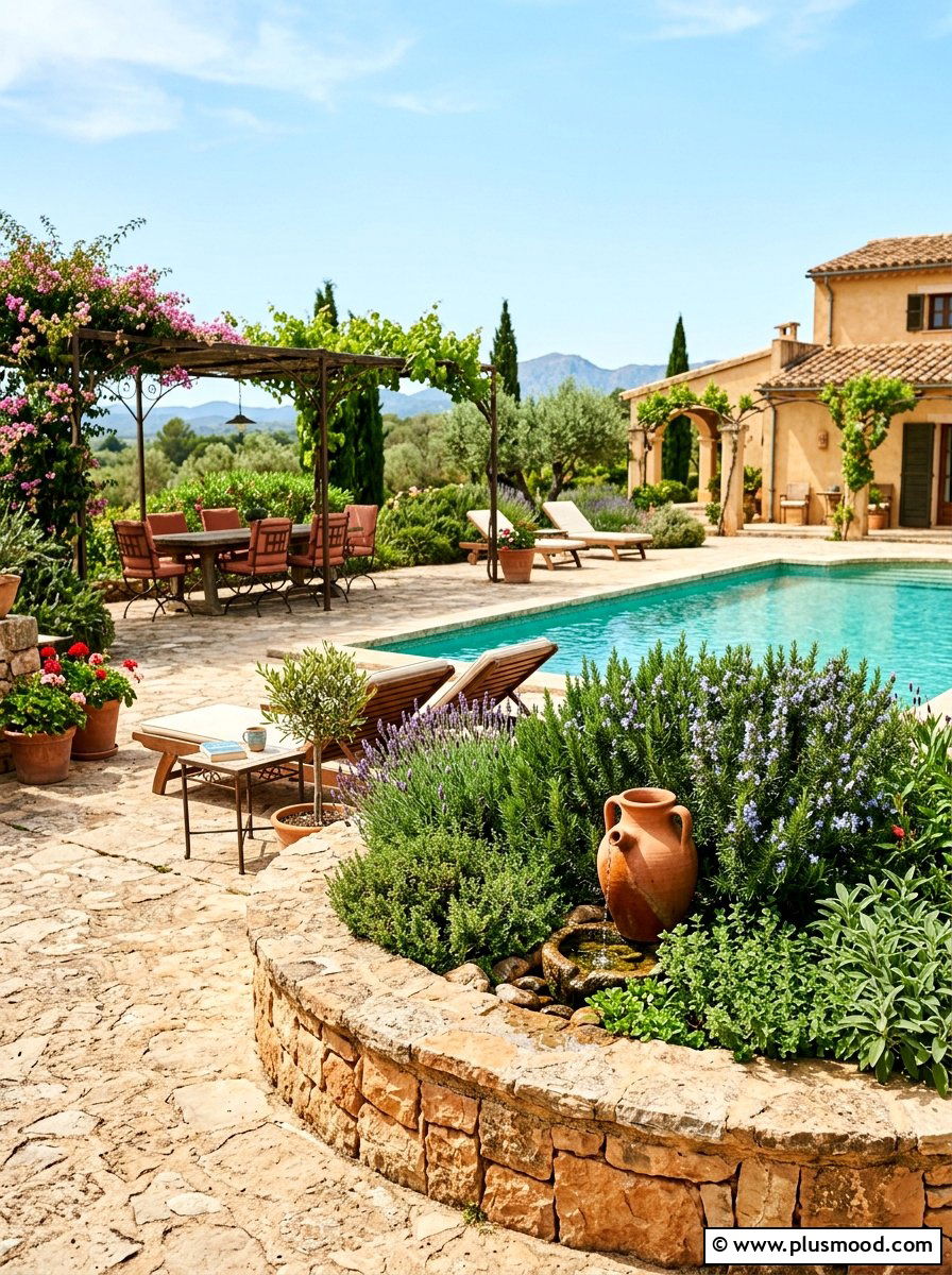 Mediterranean style pool planter - 25 pool landscaping ideas with curved planters