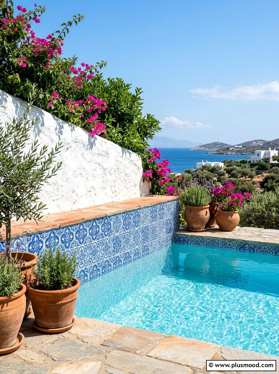 Mediterranean style tile accent - 25 pool landscaping ideas for small spaces
