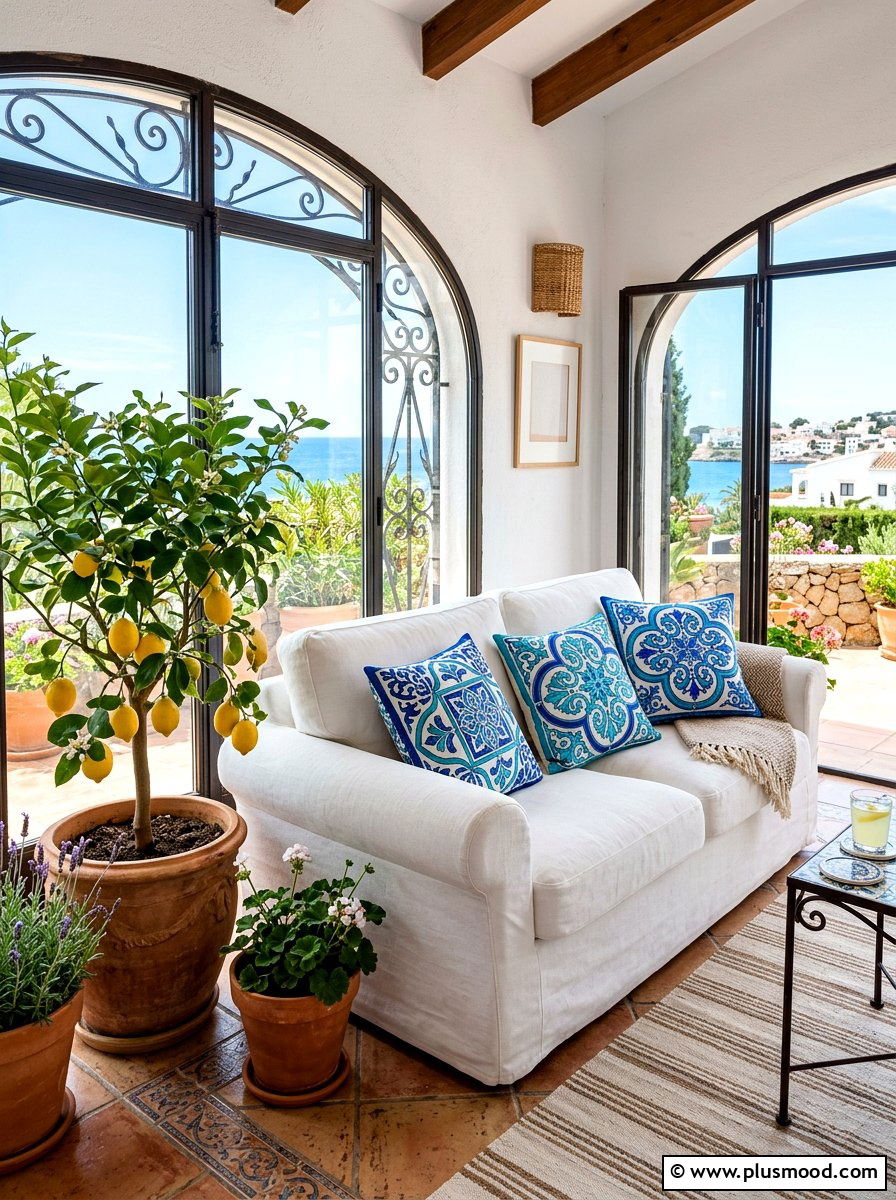 Mediterranean tile pattern pillow decor - 25 summer throw pillow ideas for living room