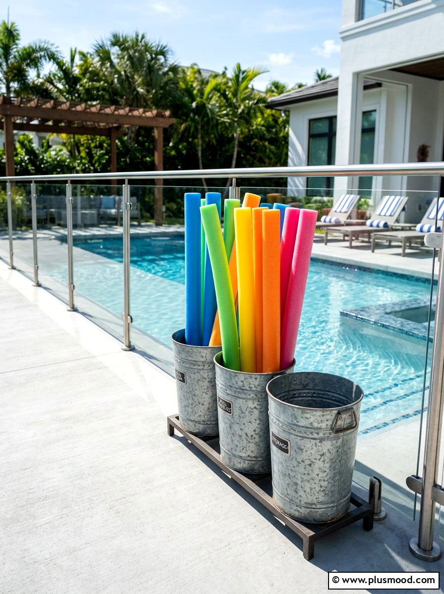 Metal Bucket Storage - 25 summer pool float storage ideas