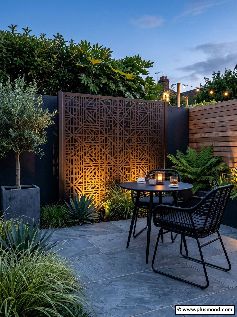 Metal Laser Cut Privacy Panel - 25 small backyard ideas with privacy screen