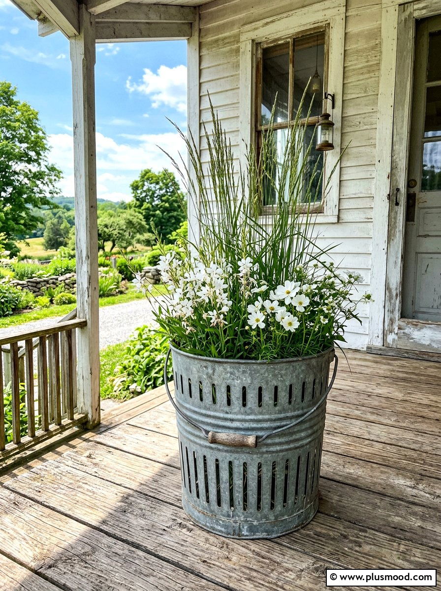 Metal Olive Bucket Planter - 25 summer farmhouse planter ideas