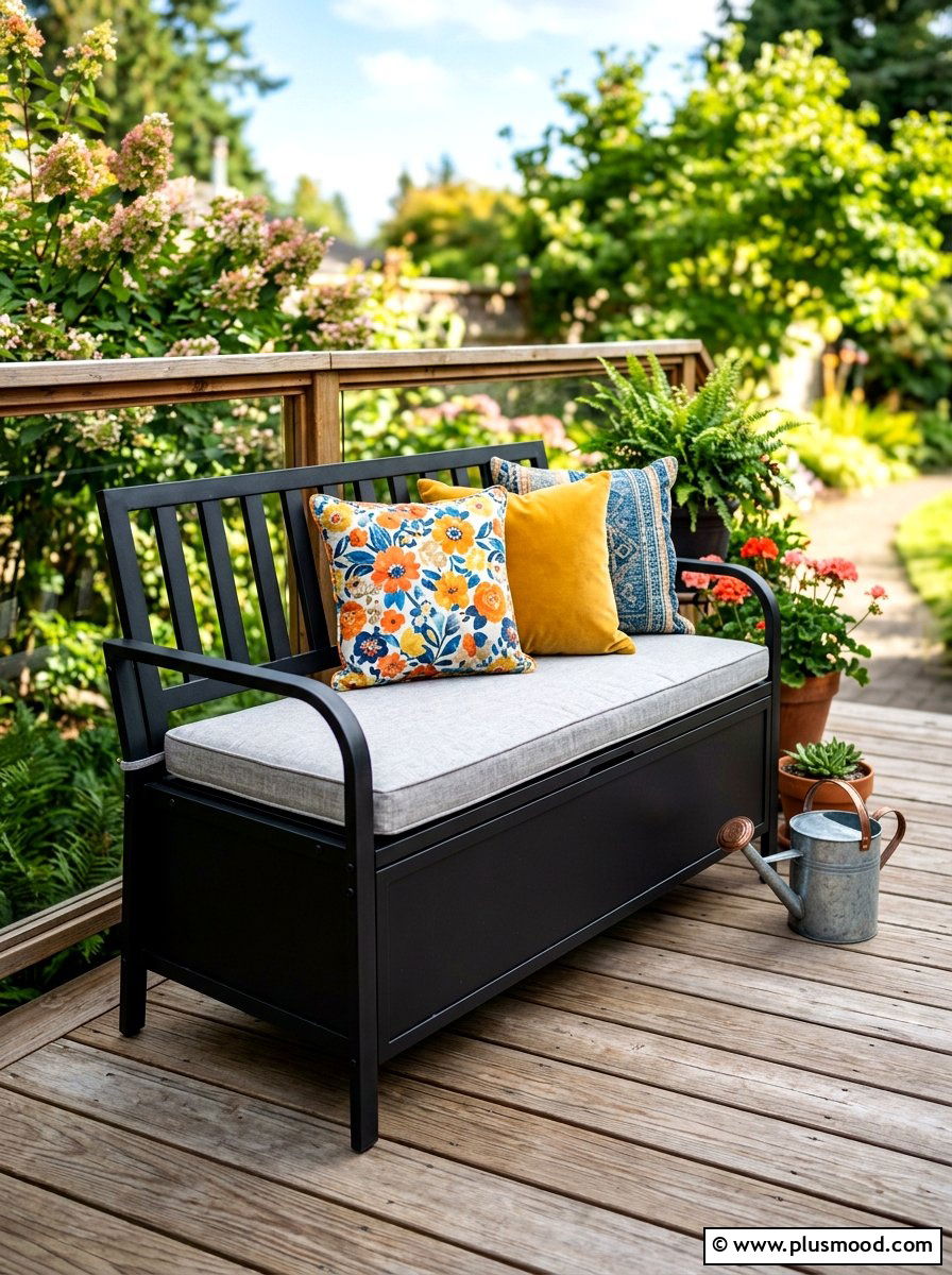Metal Storage Bench - 25 summer city balcony summer decor ideas