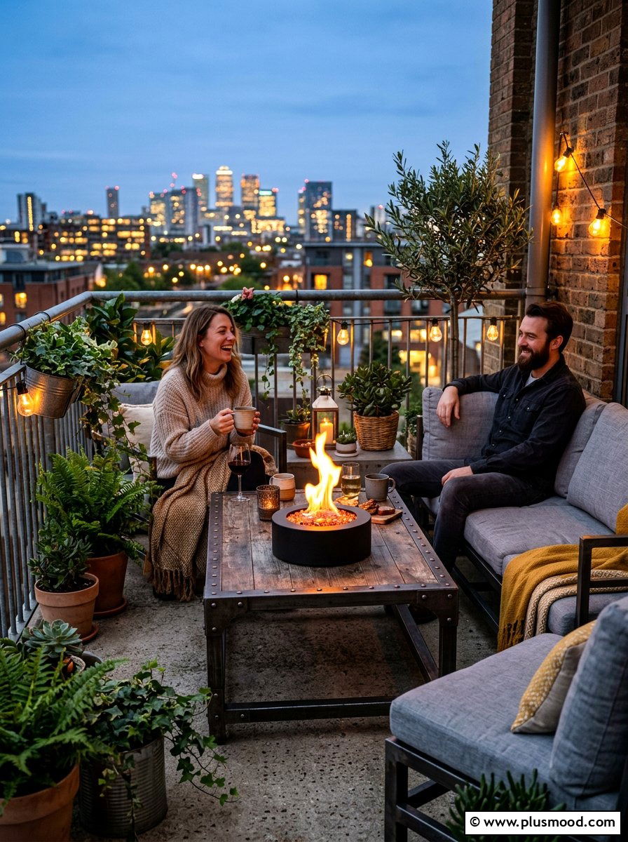 Metal balcony fire pit table - 25 summer boho balcony ideas