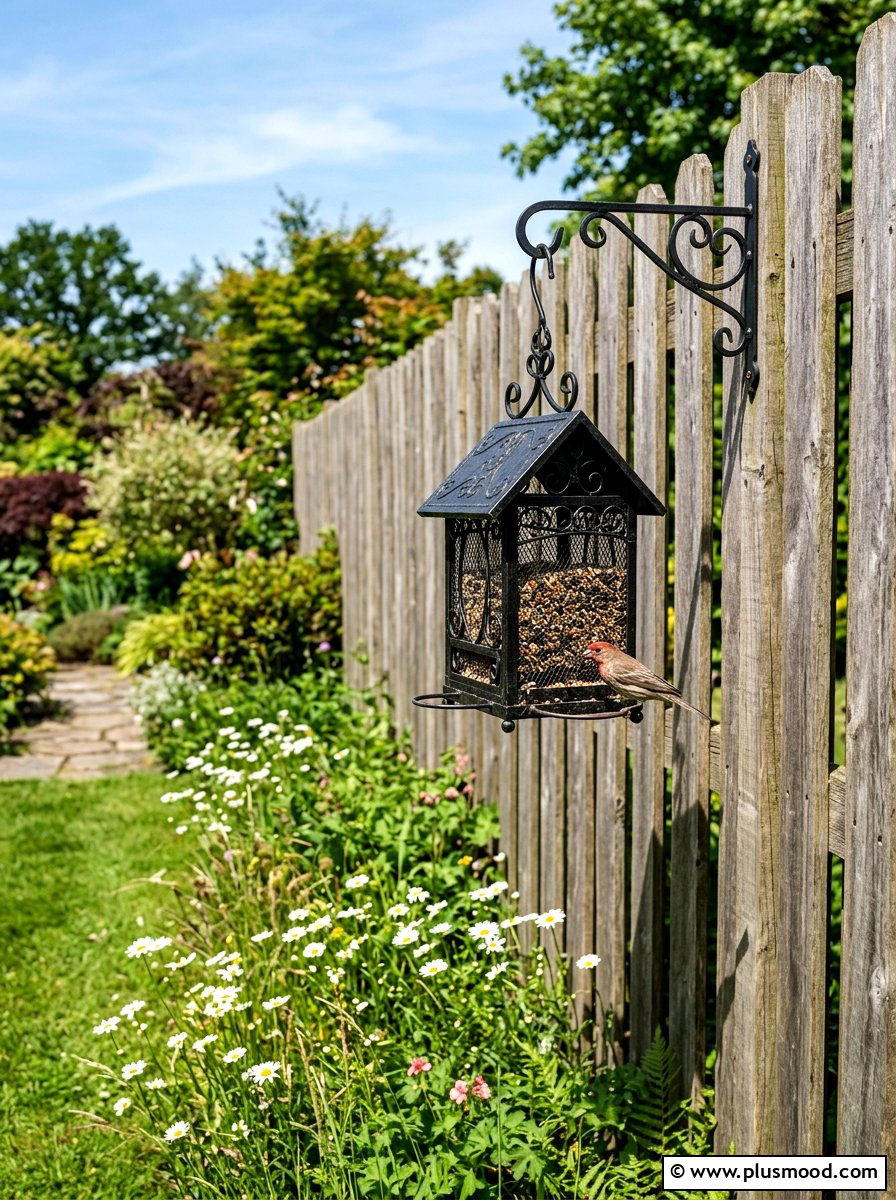 Metal bird feeder for fence - 25 small backyard ideas with bird feeders
