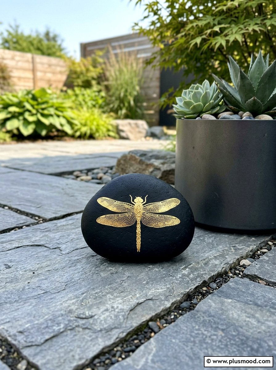 Metallic gold dragonfly stones - 25 painted rock ideas with dragonflies