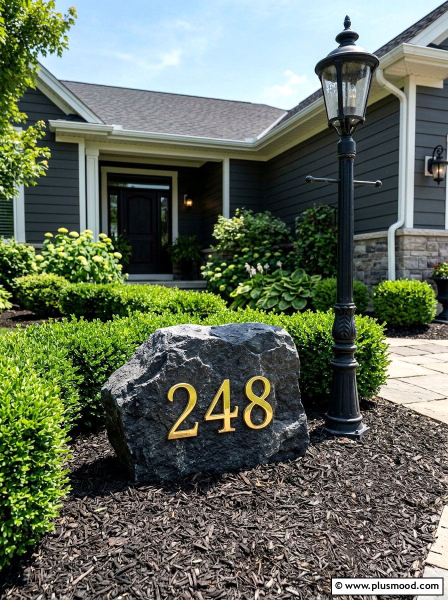 Metallic gold house numbers on stone - 25 painted rock ideas for address markers