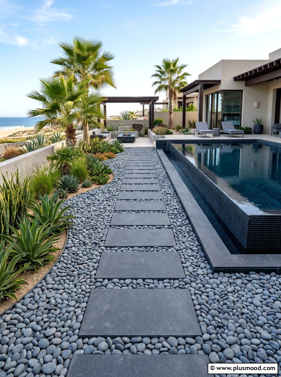 Mexican beach pebble path - 25 pool landscaping ideas with stepping stones