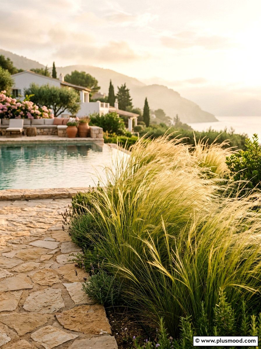 Mexican feather grass for pool - 25 pool landscaping ideas with ornamental grasses