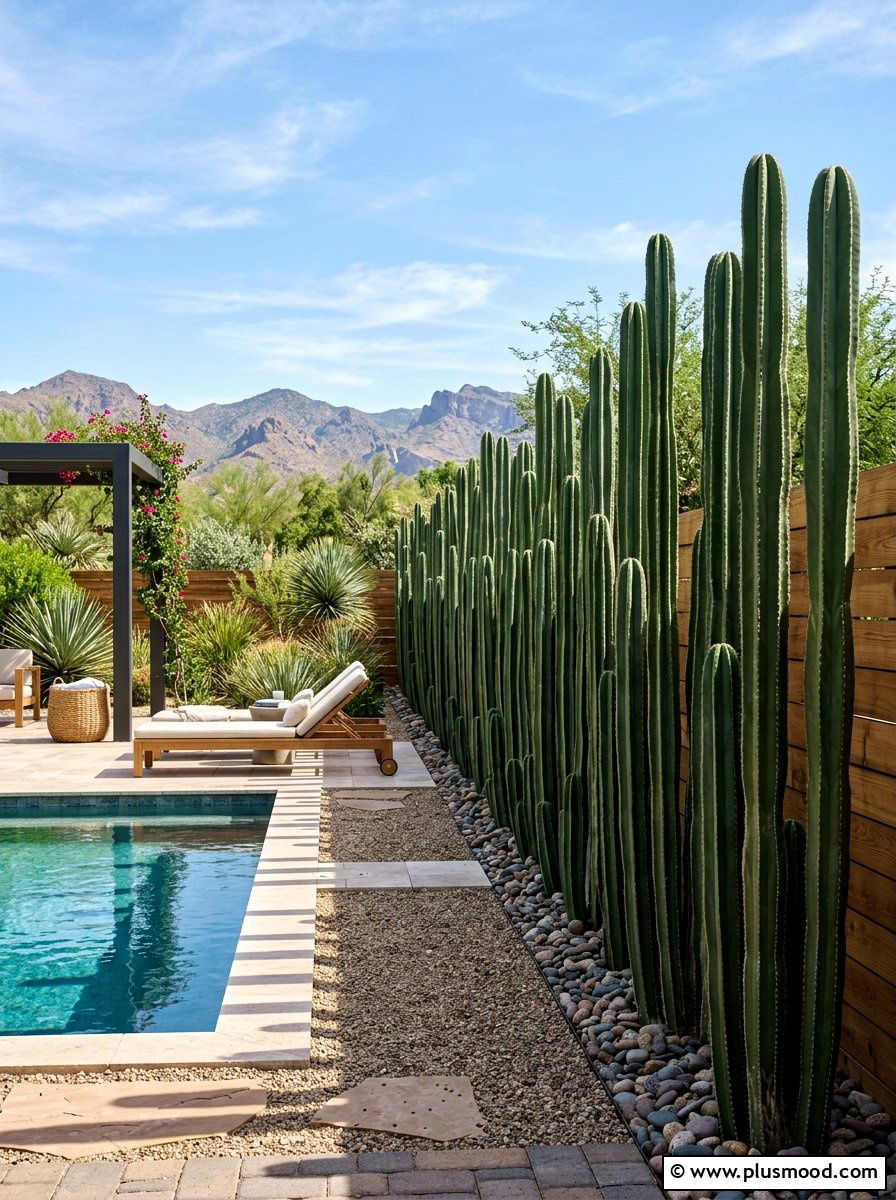 Mexican fence post cactus wall - 25 pool landscaping ideas with cactus garden