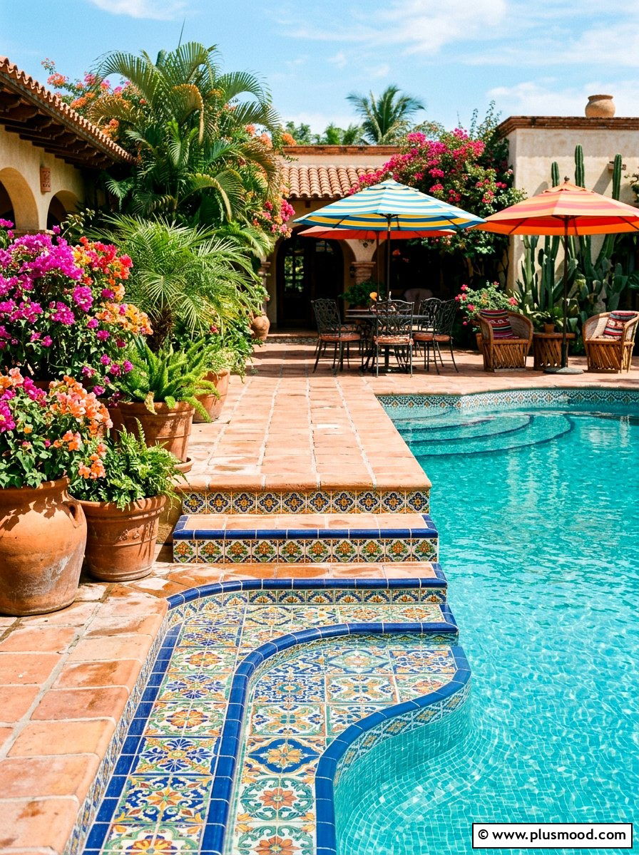 Mexican talavera tile pool steps - 25 pool landscaping ideas with tile accents
